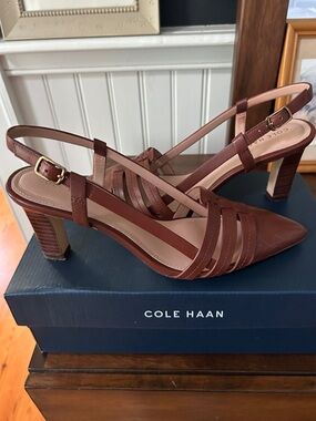 Cole Haan Brown Leather Strappy Pointed-Toe Slingback Heels